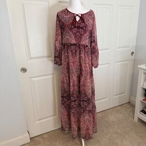 St. John's Bay Maxi Dress Women Size S Red Paisley Tiered Boho Chiffon 72613-3